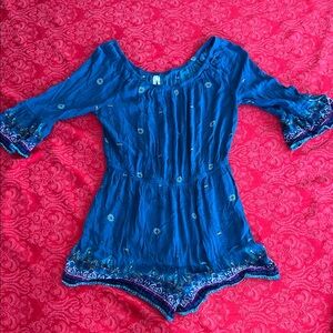Mudd Boho Romper Womens Medium Teal Off Shoulder Festival Rayon